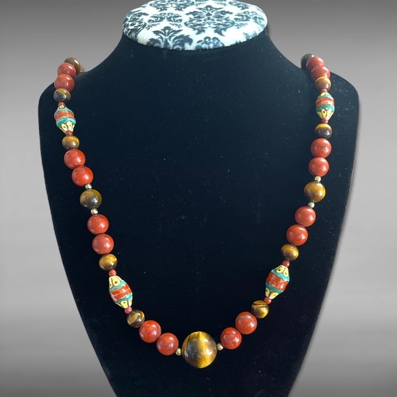 Tiger’s Eye and Red Jasper Single Strand Necklace Beads Vintage 80’s 90’s - Picture 1 of 10